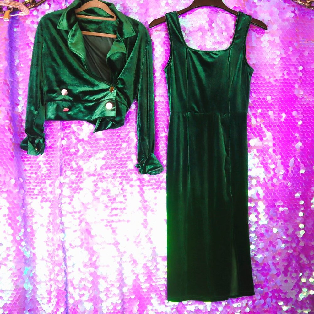 EMERALD VELVET SET XS/S Shein Green Holiday St. Pat's Winter Plush Jacket Dress